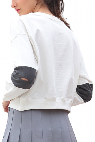Simple Letter Number 1849 Embroidery Colorblock Hollow Long Sleeve Cropped Sweatshirt