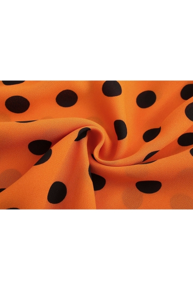 Stylish Orange V Neck Polka Dot Printed Crisscross Straps Back Sleeveless Sweet Casual Romper