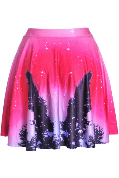 Stylish Red Starry Galaxy Printed High Rise Mini A-Line Pleated Skater Skirt