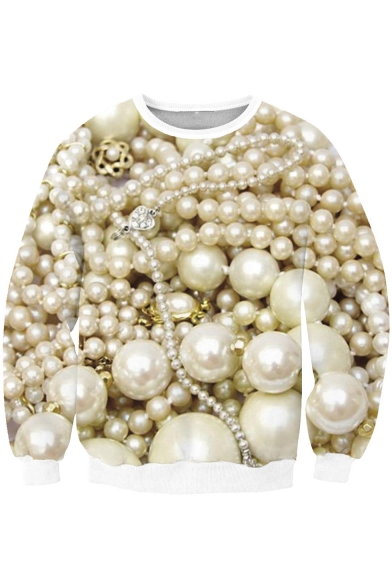 Stylish White 3D Pearl Pattern Round Neck Long Sleeve Pullover Sweatshirt