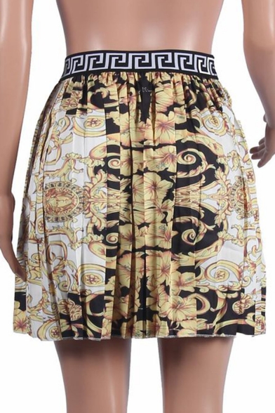 Stylish Womens Tribal Print Elastic Waist Mini Pleated Skirt