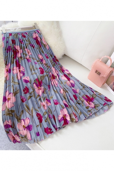 Summer Chic Floral Printed High Waist Midi A-Line Pleated Skirt