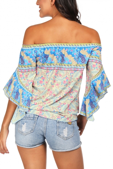 Summer Chic Floral Printed Off the Shoulder Ruffled Sleeve Tied Hem Casual Beach Blouse
