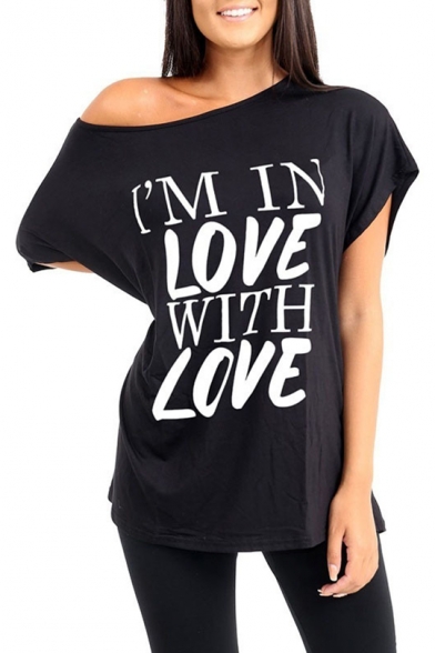 Summer Cool Funny Letter I'M IN LOVE WITH LOVE Printed One Shoulder Casual Oversized T-Shirt