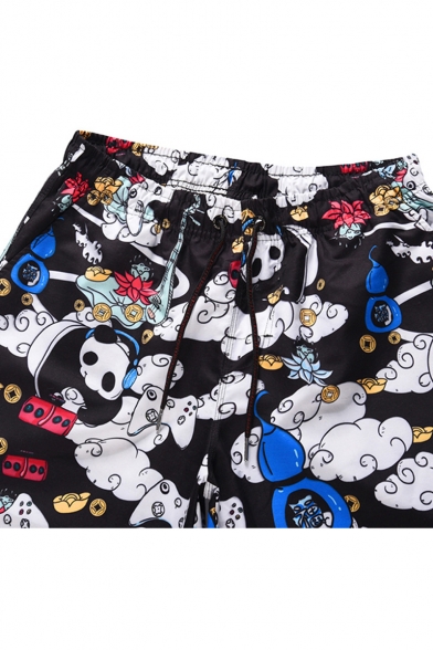 Summer Creative Cartoon Panda Cloud Pattern Black Quick Drying Casual Drawstring Waist Beach Shorts Swim Trunks for Guys with Pockets
