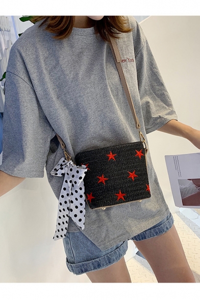 Summer Fashion Star Embroidery Polka Dot Scarf Bow Tied Straw Crossbody Bucket Bag 19*15*10 CM