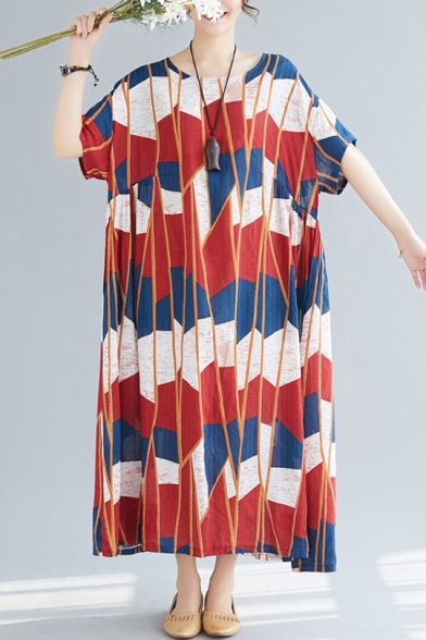 Gofodn Maxi Dresses for Women UK Plus Size Summer Casual V Neck Short Sleeve Bohemian Gradient Patchwork Loose Long Dress