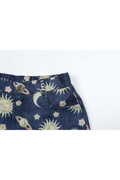 Summer Girls New Stylish High Rise Moon Sun Pattern Rolled Cuff Casual Shorts