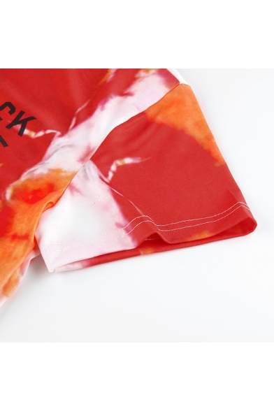 Summer Hip Hop Style Orange Tie Dye Letter ROCK MORE Print Short Sleeve Casual Crop Tee