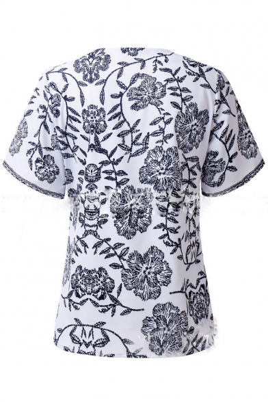Summer Hot Fashion Elegant Plunge V Neck Floral Printed Short Sleeve T-Shirts