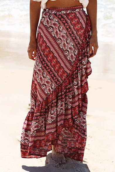 Summer Hot Fashion Self-Tie Boho Tribal Print Split Ruffle Hem Midi Beach Skirt