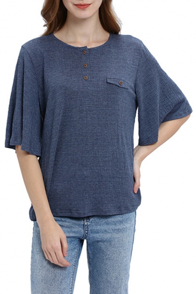 Summer Hot Popular Round Neck Bell Sleeve Button Down Pocket Embellish Blouse T-Shirt