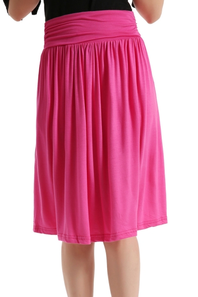 Summer Plain High Waist Shirred Cotton Casual Holiday Midi Flare Skirt