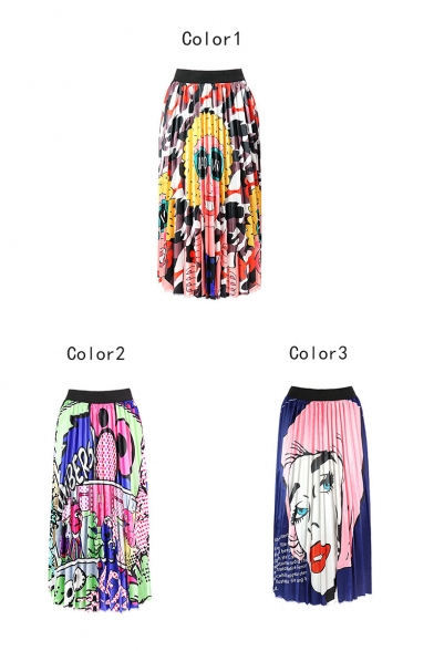 Summer Sweet Womens Elastic High Waist Cartoon Print Casual Loosen Midi Skirt