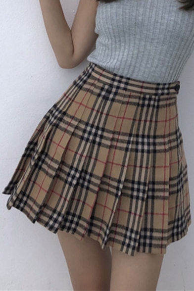 Summer Hot Stylish Vintage High Waist Check Print Pleated A-Line Cute Mini Skirt for Women