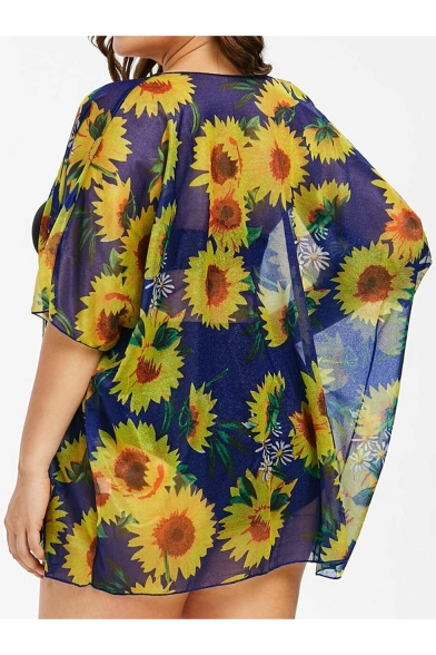Summer Hot Trendy Oversize Sunflower Print Open Front Beach Sunscreen Chiffon Shirt