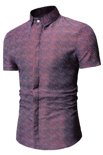 Summer New Trendy Printed Basic Short Sleeve Concealed Button Front Slim Formal Shirt for Men