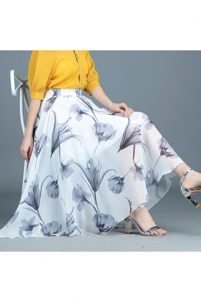 Summer Retro Ethnic Style Chic Floral Print Maxi Chiffon Flared Skirt for Women