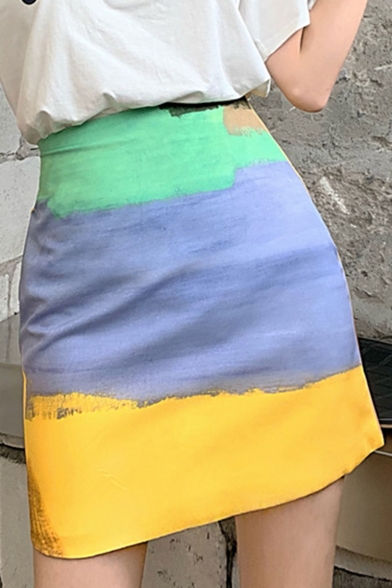 Summer Sweet Womens Hot Fashion High Waist Colorblock Slim Fitted Mini A-Line Skirt