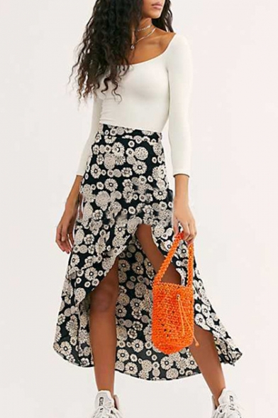 

Summer Trendy Floral Polka Dot Printed Split Side Holiday Beach Skirt, Black;green;orange;red;rose red, LM542725