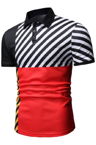 Summer Trendy Striped Pattern Basic Short Sleeve Men's Slim Polo Shirt