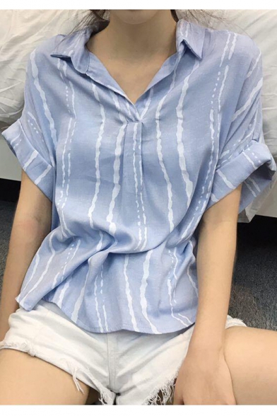 Summer Trendy Vertical Striped Printed Short Sleeve Loose Fit Shirt
