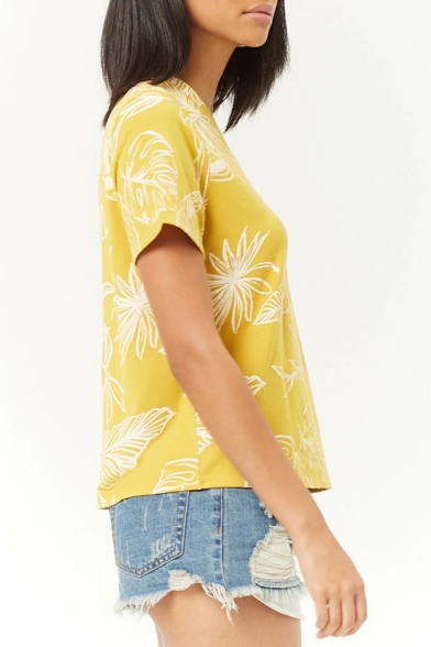 Summer Trendy Yellow Tropical Leaf Print Round Neck Short Sleeve Tee