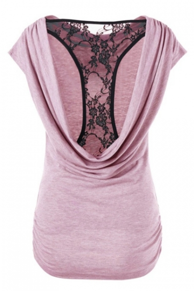 Summer Womens Fashion Chic Lace-Panel Open Back Short Sleeve Cowl Neck Plain T-Shirt