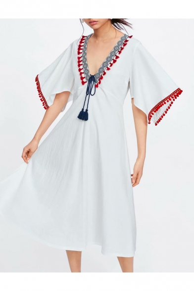 Summer Womens Holiday Fashion Tassel Hem V-Neck Midi A-Line White Dress