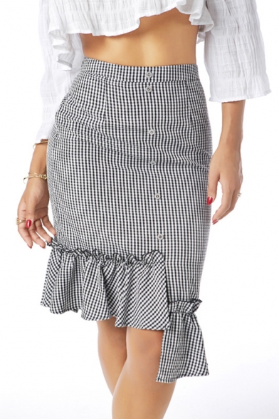 Summer Womens Hot Stylish High Waist Button Down Check Print Ruffle Hem Midi Fitted Skirt