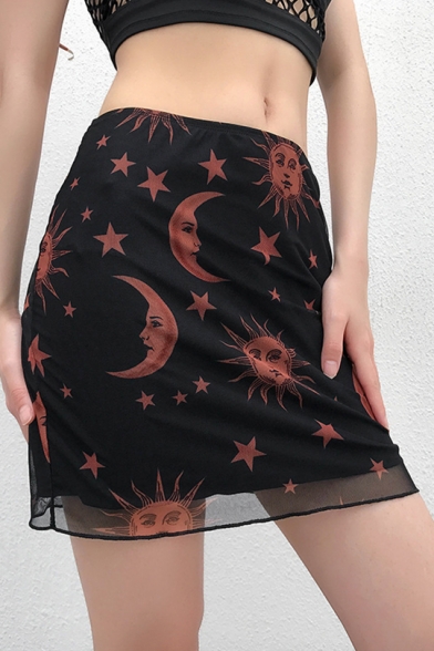 Summer Womens Sexy Cartoon Sun and Star Printed Black Sheer Mesh Mini Bodycon Skirt