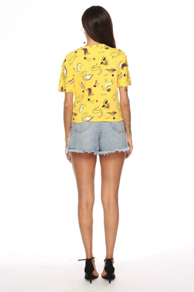 Summer Womens Simple Cartoon Animal Print Yellow Short Sleeve T-Shirt