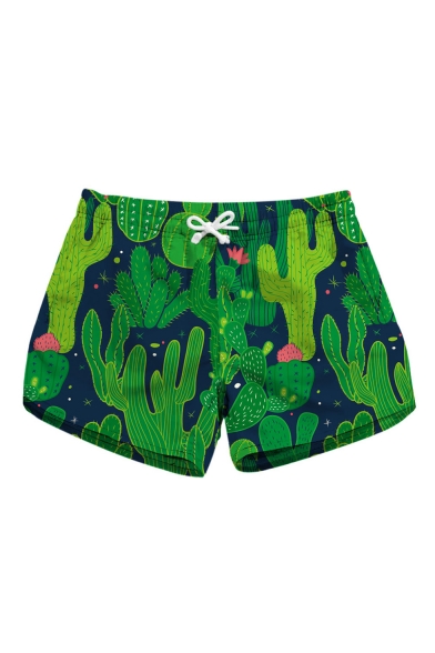 Summer Womens Trendy Green Cactus Printed Drawstring Waist Casual Swimwear Beach Shorts