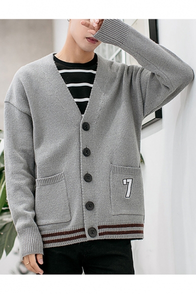 Teenagers Fashion Striped Hem Long Sleeve Button Front Casual Loose Cardigan Knitwear