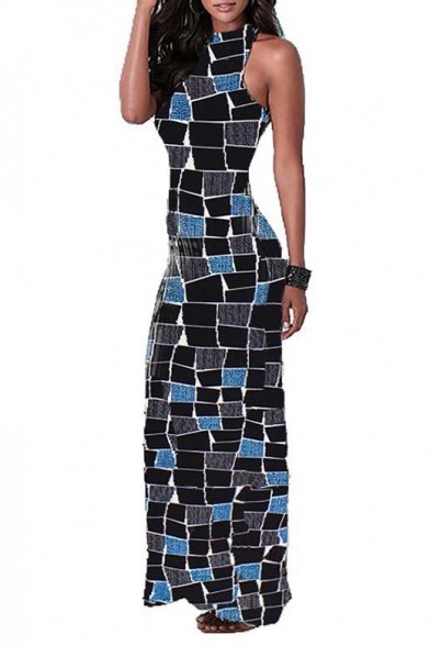Trendy Black and Blue Block Pattern Sleeveless Sexy Cutout Back Maxi Bodycon Dress