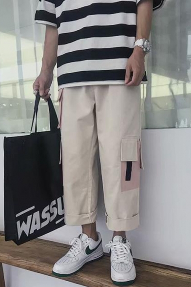 Trendy Colorblocked Multi-pocket Design Rolled Trim Straight Leg Men's Casual Loose Cotton Cargo Pants
