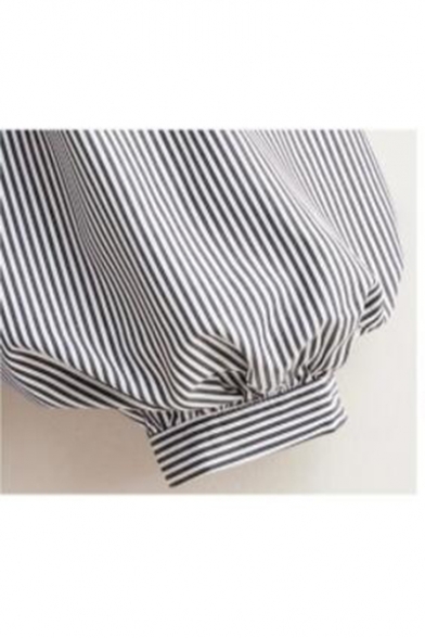 Trendy Pinstriped Printed Round Neck Long Sleeve Bow-Tied Hem Casual Loose Blouse