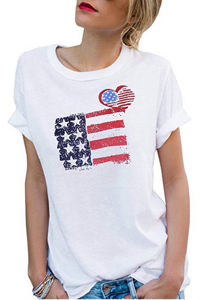Trendy Simple Heart Flag Printed Round Neck Short Sleeve Loose Fitted T-Shirt