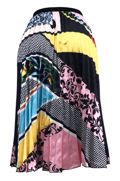 Unique Designer Fashion Colorblock Midi A-Line Pleated Skirt