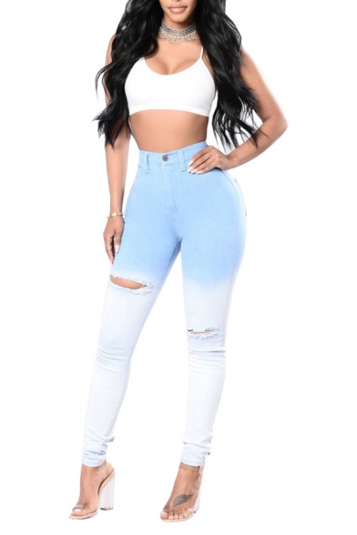 Unique Fashion High Rise Ripped Ombre Color Blue and White Skinny Fit Jeans