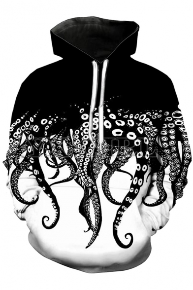 Unique Funny Octopus Pattern Long Sleeve Sport Loose Drawstring Hoodie