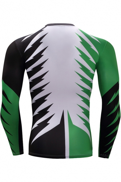 Unique Green Black White Spider Print Round Neck Long Sleeve Training Fitness Tight T-Shirt for Men