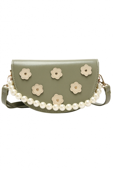 Women's Fashion Rivet Flower Embellishment Pearl Handle Semicircular Crossbody Saddle Bag 22*13*10 CM