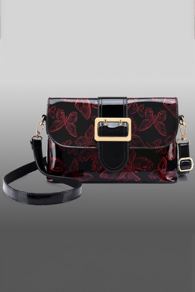 Women's Glamorous Floral Pattern Belt Buckle Patent Leather Crossbody Sling Bag 26.5*7.5*17 CM