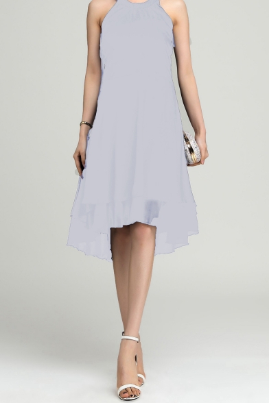 Women's Simple Plain Halter Neck Sleeveless High Low Hem Midi A-Line Chiffon Dress