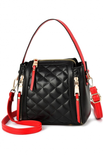 Women's Trendy Solid Color Diamond Check Quilted Double Zipper Side Crossbody Bucket Handbag 17.5*11*17 CM