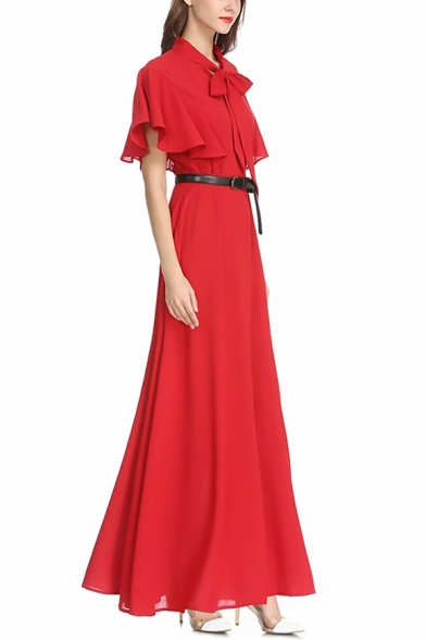 Womens Boutique Bow-Tied Collar Flutter Sleeve Plain Maxi Holiday Chiffon Dress