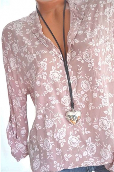 Womens Chic Floral Pattern Button V-Neck Long Sleeve Loose Casual Blouse Top