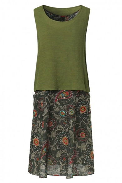 Womens Classic Vintage Tribal Print Round Neck Sleeveless Cotton and Linen Maxi Swing Tank Dress