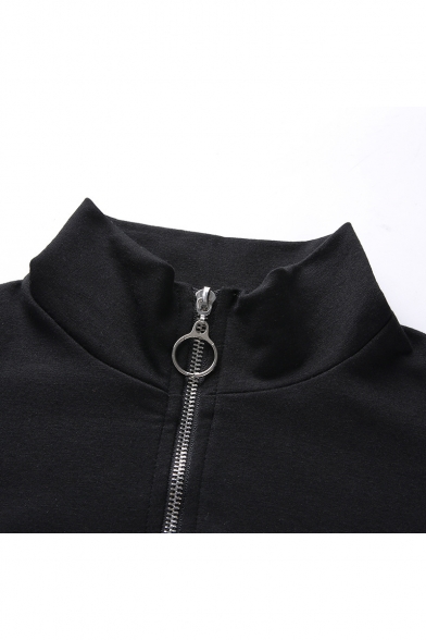 Womens Cool Street Letter BE FUCKING NICE Print Two-Tone Zipper Stand Collar Drawstring Hem Crop Black Sweatshirt
